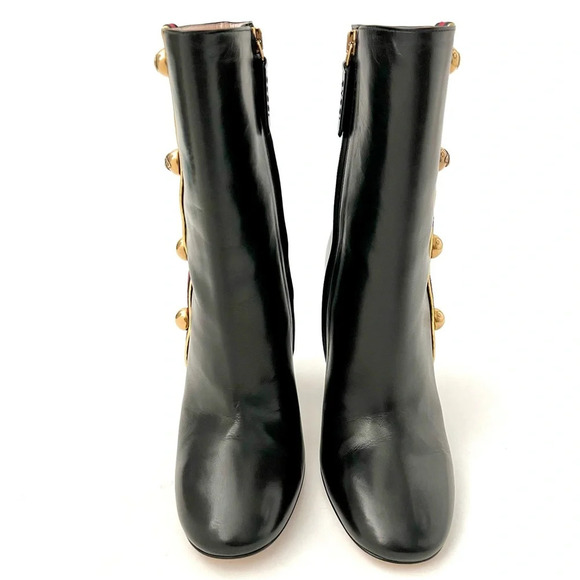 GUCCI | Web Stripe Carly Black Leather Studded Ankle Boots Block Heel US 6.5 - Picture 6 of 16